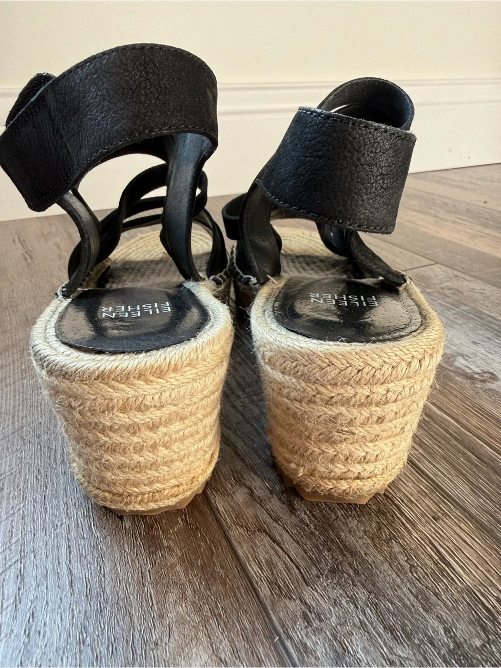 Eileen Fisher Black Suede Layered Espadrille Wedge Sandals